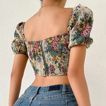 Elegant Short Sleeve Corset Crop Top with Floral Design