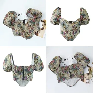 Elegant Short Sleeve Corset Crop Top with Floral Design