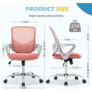 Ergonomic Office Chair - Home Desk Mesh Chair with Fixed Armrest, Executive Computer Chair with Soft Foam Seat Cushion and Lumbar Support, Pink