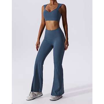 ABOCIW Workout Sets for Women 2 Piece V Neck Sports Bra Tank Top High Waist Bootcut Yoga Pants Slit Hem Tummy Control Flare Leggings Gym Yoga Outfits Activewear #2 Dark Blue Small
