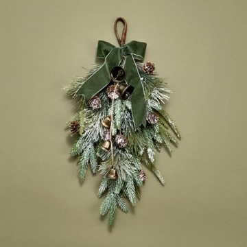 LampLust Christmas Swag for Front Door, 18 Inch Pine Swag with Bells, Mini Pinecones & Ribbon, Teard...