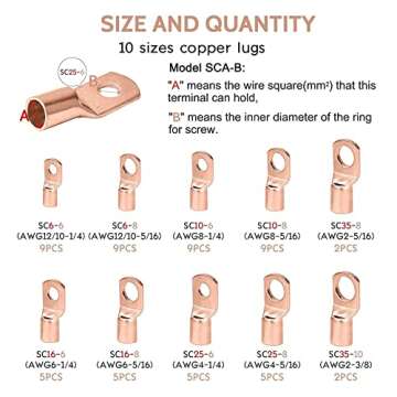 Tsinglax 120Pcs Copper Wire Lugs AWG2 4 6 8 10 12 with Heat Shrink Set, 60Pcs Battery Cable Lugs Battery Cable Ends Ring Terminals Connectors with 60Pcs Heat Shrink Tubing Assortment Kit