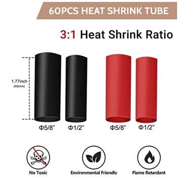 Tsinglax 120Pcs Copper Wire Lugs AWG2 4 6 8 10 12 with Heat Shrink Set, 60Pcs Battery Cable Lugs Battery Cable Ends Ring Terminals Connectors with 60Pcs Heat Shrink Tubing Assortment Kit