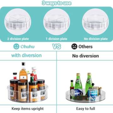 Lazy Susan Turntable, Ohuhu 2 Pack Lazy Susan Organizer 12" & 10.4'' Round Plastic Clear Lazy Susans Spice Rack Non-Skid Turntable Organizer with 2 Division Plate for Cabinet Pantry Fridge Countertop