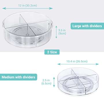 Lazy Susan Turntable, Ohuhu 2 Pack Lazy Susan Organizer 12" & 10.4'' Round Plastic Clear Lazy Susans Spice Rack Non-Skid Turntable Organizer with 2 Division Plate for Cabinet Pantry Fridge Countertop