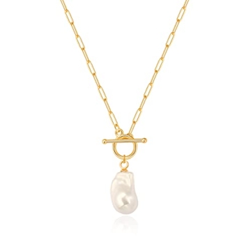 Aobei Pearl Baroque Simulated Pearl Pendant Necklace 18K Gold Paperclip Chain Choker for Women Large...