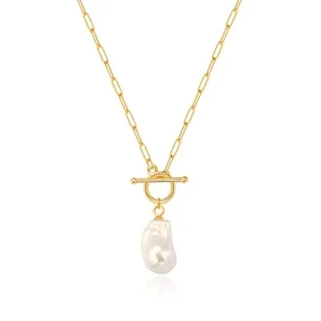Aobei Pearl Baroque Simulated Pearl Pendant Necklace 18K Gold Paperclip Chain Choker for Women Large...
