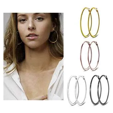 Gold Hoop Earrings Stainless Steel Earrings for Women 2.36" Simple Hoops Flatten 18K Rose Gold Plate...