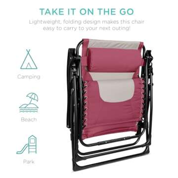 Best Choice Products Oversized Padded Zero Gravity Chair, Folding Outdoor Patio Recliner, XL Anti Gravity Lounger for Backyard w/Headrest, Cup Holder, Side Tray, Polyester Mesh - Pink/Taupe