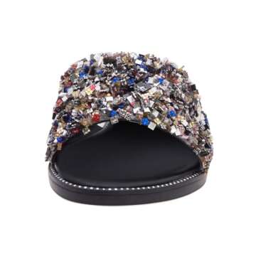 Shoe Land Joli Women's Flat Sandals Fashion Sparkly Slides Black Gold Silver Flat Sandals Open Toe R...