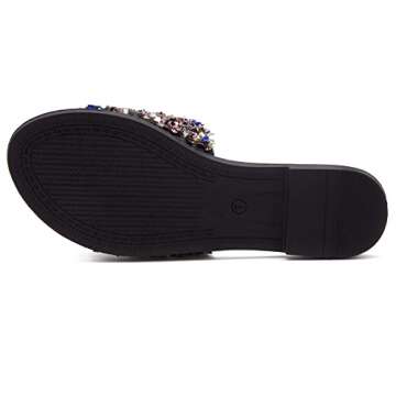 Shoe Land Joli Women's Flat Sandals Fashion Sparkly Slides Black Gold Silver Flat Sandals Open Toe Rhinestone Slippers Glitter Bling Casual Sandal for Summer Daily Party, MultiSQ, Size 8.0