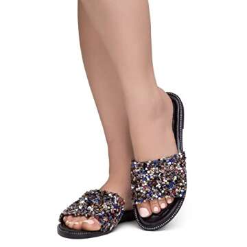 Shoe Land Joli Women's Flat Sandals Fashion Sparkly Slides Black Gold Silver Flat Sandals Open Toe Rhinestone Slippers Glitter Bling Casual Sandal for Summer Daily Party, MultiSQ, Size 8.0