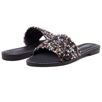Shoe Land Joli Women's Flat Sandals Fashion Sparkly Slides Black Gold Silver Flat Sandals Open Toe Rhinestone Slippers Glitter Bling Casual Sandal for Summer Daily Party, MultiSQ, Size 8.0