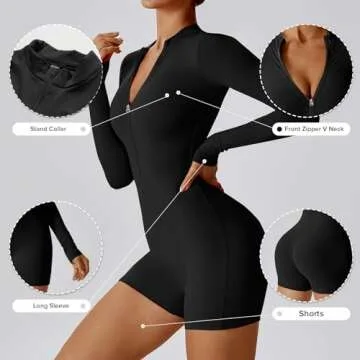 OEAK Womens Long Sleeve Jumpsuit Zip Up 2024 Bodysuits Workout Yoga Shorts Unitards Bodycon One Piece Tummy Control Rompers Black S