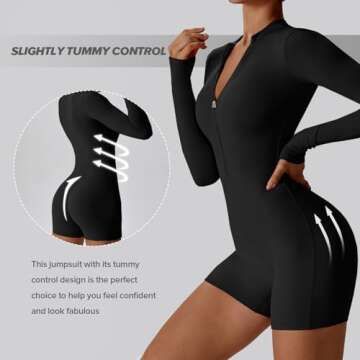 OEAK Womens Long Sleeve Jumpsuit Zip Up 2024 Bodysuits Workout Yoga Shorts Unitards Bodycon One Piece Tummy Control Rompers Black S