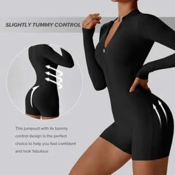 OEAK Womens Long Sleeve Jumpsuit Zip Up 2024 Bodysuits Workout Yoga Shorts Unitards Bodycon One Piece Tummy Control Rompers Black S