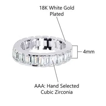 Savlano 18K White Gold Plated Cubic Zirconia Emerald Cut Eternity Ring Band for Women Men