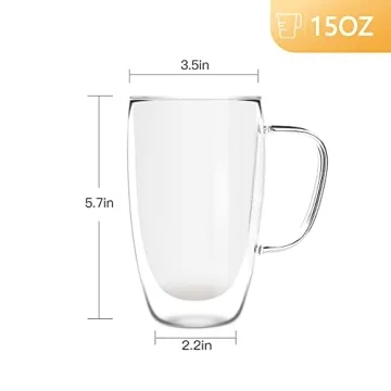 D.M DESIGN·MASTER [2 PACK,15 OZ -Premium Double Wall Insulated Glass with Handle Coffee or Tea Glass Mugs, Thermo Insulated Glass, Perfect for Latte, Cappuccino, Americano and Tea.