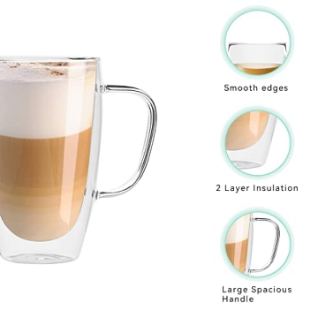 D.M DESIGN·MASTER [2 PACK,15 OZ -Premium Double Wall Insulated Glass with Handle Coffee or Tea Glass Mugs, Thermo Insulated Glass, Perfect for Latte, Cappuccino, Americano and Tea.
