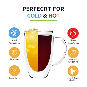 D.M DESIGN·MASTER [2 PACK,15 OZ -Premium Double Wall Insulated Glass with Handle Coffee or Tea Glass Mugs, Thermo Insulated Glass, Perfect for Latte, Cappuccino, Americano and Tea.