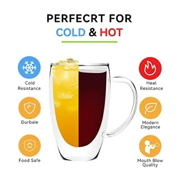 D.M DESIGN·MASTER [2 PACK,15 OZ -Premium Double Wall Insulated Glass with Handle Coffee or Tea Glass Mugs, Thermo Insulated Glass, Perfect for Latte, Cappuccino, Americano and Tea.