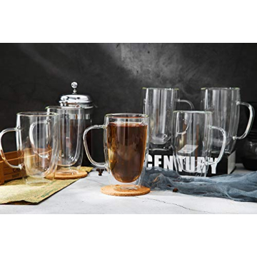 D.M DESIGN·MASTER [2 PACK,15 OZ -Premium Double Wall Insulated Glass with Handle Coffee or Tea Glass Mugs, Thermo Insulated Glass, Perfect for Latte, Cappuccino, Americano and Tea.