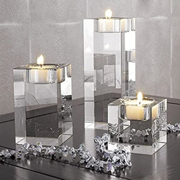 DecentGadget® 3PCS Heavy Clear Crystal Tea Light Holder 4cm+6cm+8cm Cuboid Candle Holder for Party ...