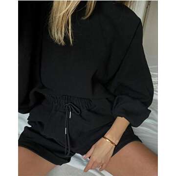 Women's Casual Loose Long Sleeve Plain Pullover Sweatsuit 2 Piece Outfits Shorts Sweater Sets Black