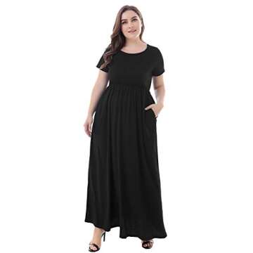 Nemidor Women Short Sleeve Loose Plain Casual Plus Size Long Maxi Dress with Pockets (20,Black)