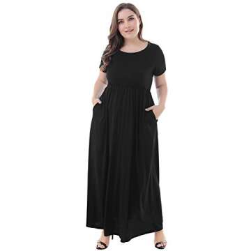 Nemidor Women Short Sleeve Loose Plain Casual Plus Size Long Maxi Dress with Pockets (20,Black)