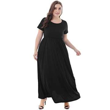 Nemidor Women Short Sleeve Loose Plain Casual Plus Size Long Maxi Dress with Pockets (20,Black)