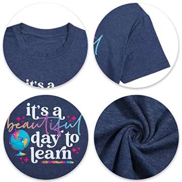 It’s a Beautiful Day for Learning T-Shirt for Women Teacher Life Shirts Gifts Reading Book Lover Casual Short Sleeve Top Tees-Blue XL
