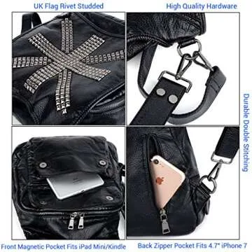 UTO Women Backpack Union Jack UK Flag Rivet Studded PU Washed Leather Purse Convertible Ladies Rucksack Shoulder Bag Black