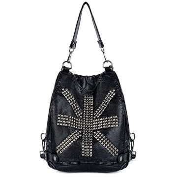UTO Women Backpack Union Jack UK Flag Rivet Studded PU Washed Leather Purse Convertible Ladies Rucksack Shoulder Bag Black