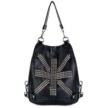 UTO Women Backpack Union Jack UK Flag Rivet Studded PU Washed Leather Purse Convertible Ladies Rucksack Shoulder Bag Black