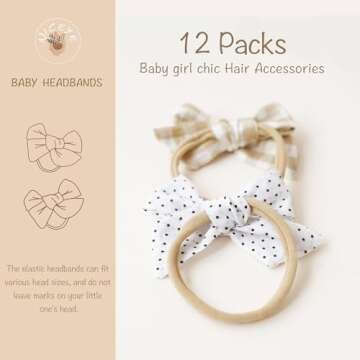 Niceye Handmade Hair Accessories: 12 Packs of Stretchy Nylon Headbands and Bows for Newborns, Infant...