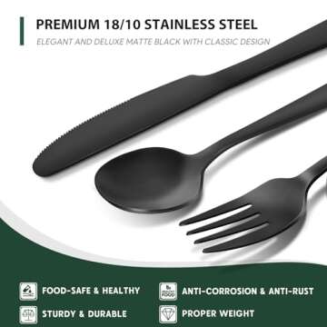 Hiware 48-Piece Matte Black Silverware Set with Steak Knives, Black Flatware Set for 8, Stainless Steel Tableware Cutlery Set, Utensil Sets for Kitchen