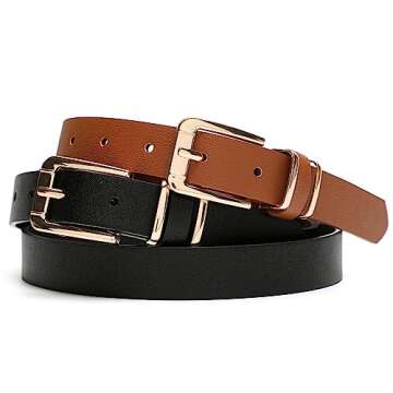 Earnda Women's Skinny Waist Belts for Jeans Dress, PU Leather Pin Buckle Thin Belt 2 Pack Black&Brown Medium