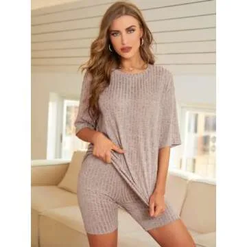 MakeMeChic Women's Summer Lounge Sets 2 Piece Ribbed Short Sleeve Top and Biker Shorts Set Tracksuits Khaki S
