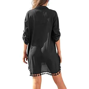 Yincro Women Swimsuit Cover Up Shirt 2025 Tassel Beach Bathing Suit for Swimwear Bikini Dress(Black, L)