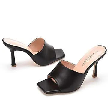 Women's Square Open Toe Heeled Sandals Slippers White Stiletto Heels Sandals Fashion Casual Peep Toe Slippers Slip On Mule Slide Sandal