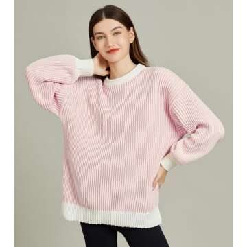 MISSFASHION Beyond Chenille Sweater for Women Fall Casual Long Sleeve Crew Neck Pullover Rib Knit Blouse Tops (Pink-M)