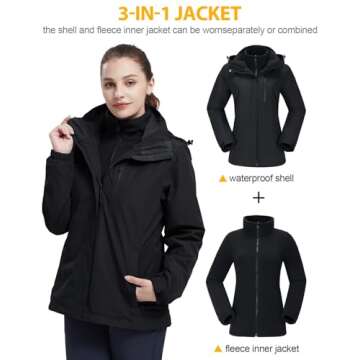 CAMEL CROWN Women's Waterproof Ski Jacket 3 in 1 Winter Coat Windbreaker Snowboard Jackets for Rain Snow Outdoor Hiking Black L