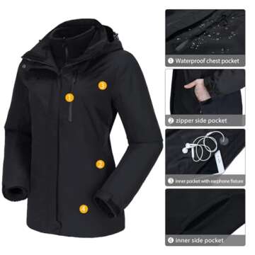 CAMEL CROWN Women's Waterproof Ski Jacket 3 in 1 Winter Coat Windbreaker Snowboard Jackets for Rain Snow Outdoor Hiking Black L