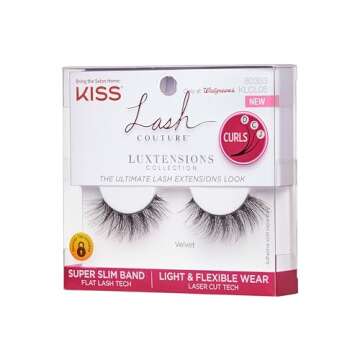 KISS Lash Couture LuXtensions Collection False Eyelashes, Flat Lash Technology, Super Slim Lash Band, Real Lash Extension Fibers, Reusable, Contact Lens Friendly Strip Lashes, Style 'Velvet', 1 Pair
