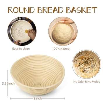 Banneton Bread Proofing Basket set, Sourdough Bread Baking Supplies, Brotform Dough Rising Bowl, 9in...