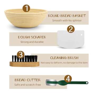 Banneton Bread Proofing Basket set, Sourdough Bread Baking Supplies, Brotform Dough Rising Bowl, 9inch Round Rattan Basket with Baking Tools Kit, Bread Making Supplies Tools, Sourdough Starter Kit