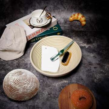 Banneton Bread Proofing Basket set, Sourdough Bread Baking Supplies, Brotform Dough Rising Bowl, 9inch Round Rattan Basket with Baking Tools Kit, Bread Making Supplies Tools, Sourdough Starter Kit