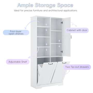 SOFTSEA 68" Double Tilt Out Laundry Hamper Cabinet, Tall Bathroom Storage Cabinet with Tilt Out Laundry Basket, Freestanding Bathroom Cabinet with Doors, Four-Layer Open Shelves, White