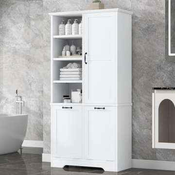SOFTSEA 68" Double Tilt Out Laundry Hamper Cabinet, Tall Bathroom Storage Cabinet with Tilt Out Laundry Basket, Freestanding Bathroom Cabinet with Doors, Four-Layer Open Shelves, White